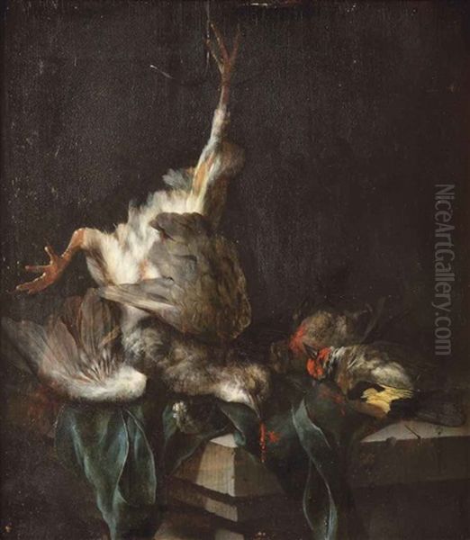 A Pigeon Hanging, With Two Goldfinches And A Green Cloth On A Stone Ledge Oil Painting by Cornelis van Lelienbergh