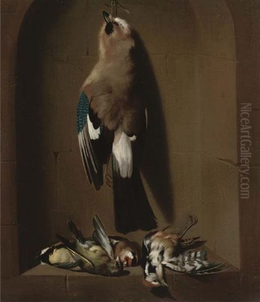 A Dead Jay Hanging From A Nail And Songbirds In A Stone Niche Oil Painting by Cornelis van Lelienbergh