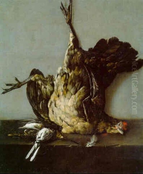 A Dead Chicken Hanging And Dead Birds On A Stone Ledge Oil Painting by Cornelis van Lelienbergh