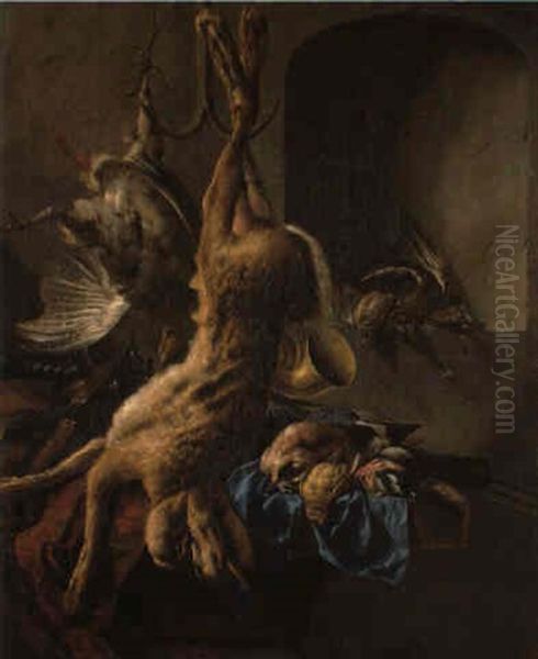 A Dead Hare And Hunting Horn Hanging From Hook With Dead Songbirds And Gun Oil Painting by Cornelis van Lelienbergh