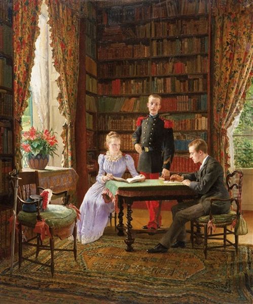 Private Bibliothek Mit Sitzendem Paar Und Franzosischem Offizier Oil Painting by Maurice Leloir