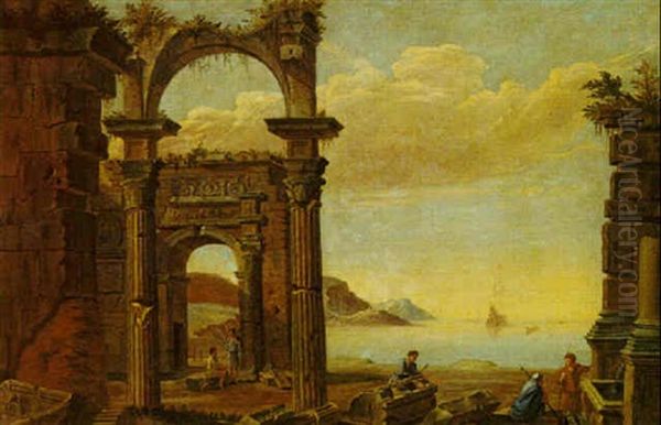 Mediterranean Seascape With Figures Near Ruins Oil Painting by Pierre (Lemaire-Poussin) Lemaire