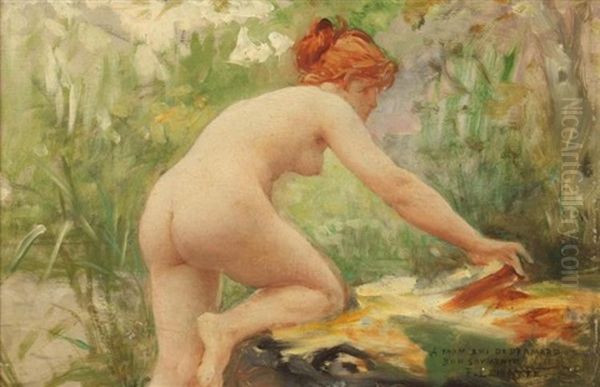 Female Nude Bather Oil Painting by Francois Fernand J. Lematte