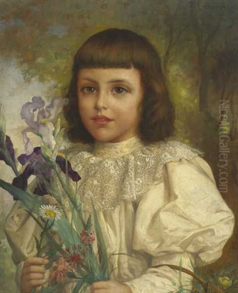 Dunkelhaariges Madchen In Weiser Bluse Mit Spitzenkragen Mit Blumenkorb Und Schwertlilien, Margerite, Wiesenflockenblumen Unter Anderem Wiesenblumen In Den Handen. Halbfigur Oil Painting by Francois Fernand J. Lematte