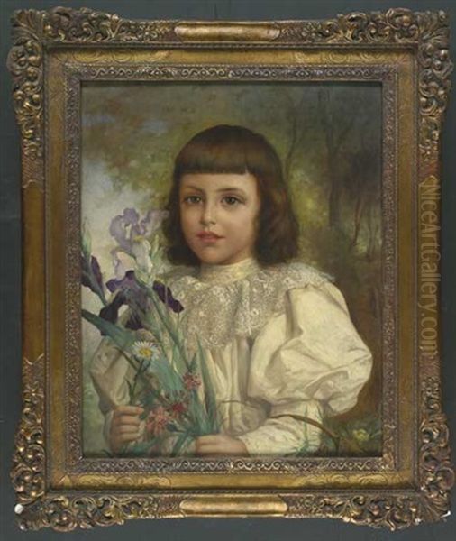 Dunkelhaariges Madchen In Weiser Bluse Mit Spitzenkragen Mit Blumenkorb Und Schwertlilien, Margerite, Wiesenflockenblumen Unter Anderem Wiesenblumen In Den Handen. Halfigur Oil Painting by Francois Fernand J. Lematte