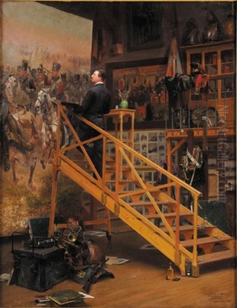 Edouard Detaille Dans Son Atelier, Peignant Le Celebre Tableau La Charge Du 4eme Hussards Oil Painting by Basile Lemeunier