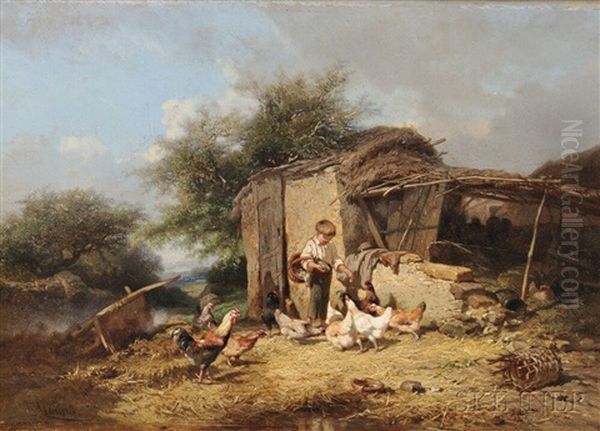 Feeding The Chickens Oil Painting by Theophile Victor Emile Lemmens