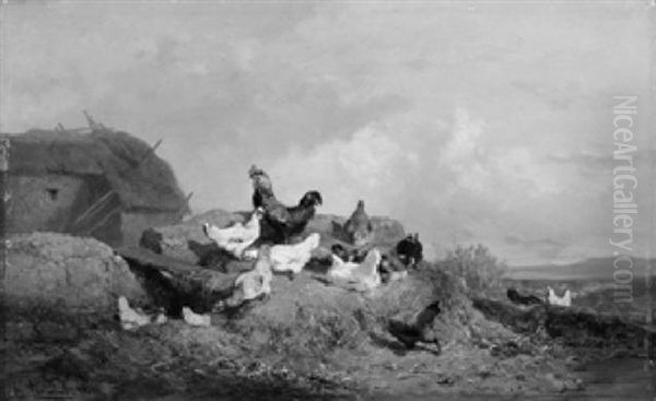 Huhnervolk Vor Stallungen Auf Dem Mist Oil Painting by Theophile Victor Emile Lemmens