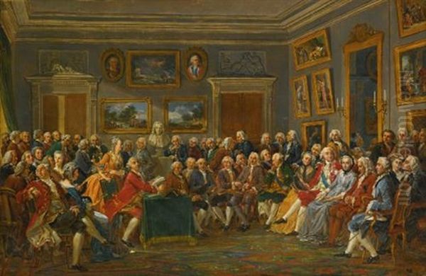 A Reading Of Voltaire's Tragedy L'orpheline De La Chine In The Salon Of Madame Geoffrin Oil Painting by Anicet-Charles-Gabriel Lemonnier