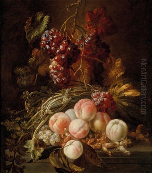 Ein Stillleben Mit Trauben, Pfirsichen Und Einer Melone Auf Einer Steinplatte Oil Painting by Pierre Antoine Lemoyne