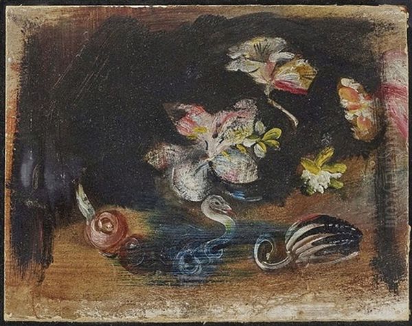 Fantasy Piece With Flowers And Snake Oil Painting by Lenbach Franz Von