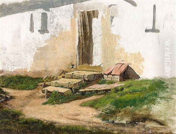 Eingang Eines Weis Getunchten, Alten Gehoftes (verso: Olskizze Eines Schafes, Dahinter Bleistiftskizze Eines Kinderkopfes) Oil Painting by Lenbach Franz Von