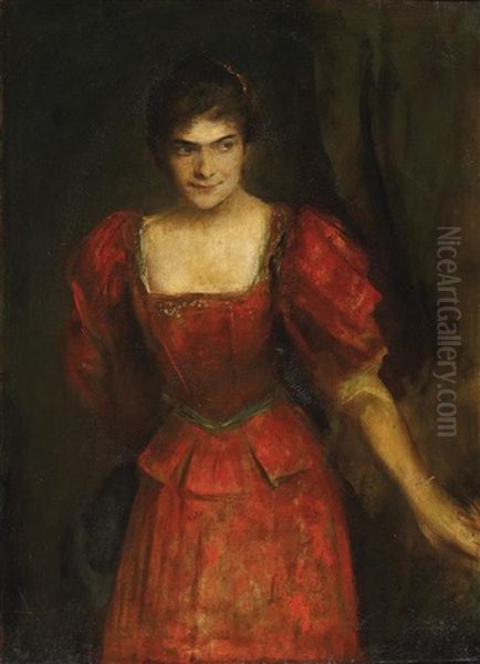 Portrat Einer Jungen Dame In Rotem Kleid Oil Painting by Lenbach Franz Von