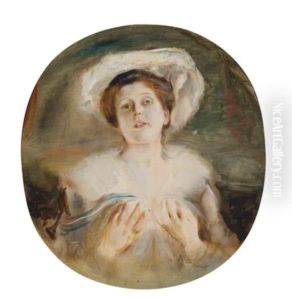 Bildnis Einer Damit Mit Weisem Hut Oil Painting by Lenbach Franz Von
