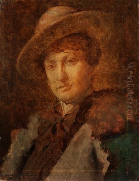 Halbbildnis Eines Jungen Mannes Im Pelzkragen Mit Hut Oil Painting by Lenbach Franz Von