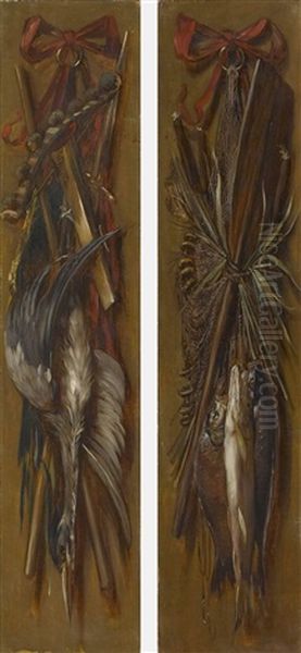 Trophaen Mit Erlegtem Reiher Und Fischen (+ Another; Pair) Oil Painting by Lenbach Franz Von