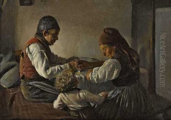 Taglohnerfamilie Am Mittagstisch Oil Painting by Lenbach Franz Von