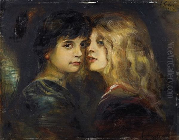 Doppelportrat Marion Und Gabriele Lenbach Oil Painting by Lenbach Franz Von