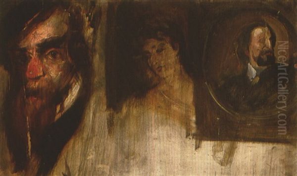 Drei Kopfe (studies) Oil Painting by Lenbach Franz Von