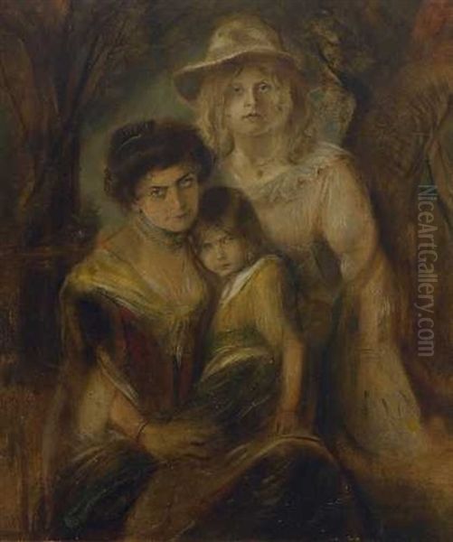 Lolo Von Lenbach Mit Den Tochtern Marion Und Gabriele Oil Painting by Lenbach Franz Von