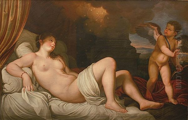 Danae (in Collab. W/studio; After Titian) Oil Painting by Lenbach Franz Von
