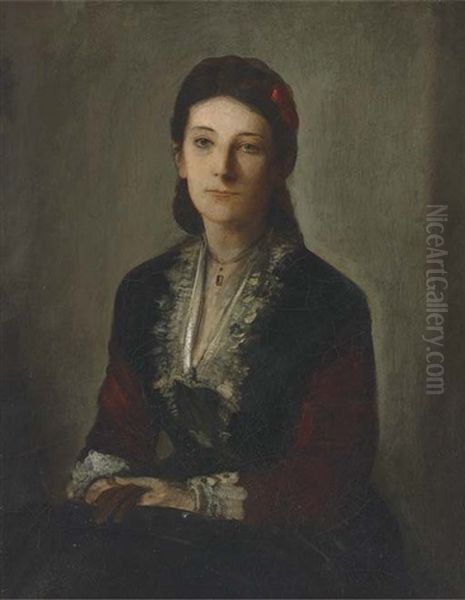 Portrait Of Gertrud Grafin V. Werthern Nee Von Bulow, Seated Half- Length, In A Black Dress Oil Painting by Lenbach Franz Von