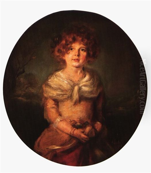 Portrait Of A Young Girl Holding Fruit Oil Painting by Lenbach Franz Von