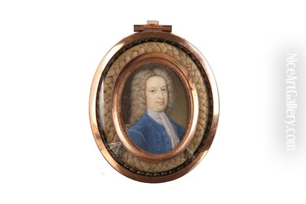 Portrait Miniature Of A Gentleman, Wearing A Blue Coat. Blue Waistcoat And Tied White Cravat, With A Long Curled Wig Oil Painting by Bernard Lens III