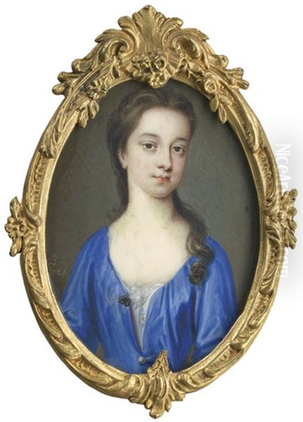 Bildnis Einer Jungen Frau Mit Langem Dunkelbraunem Haar Im Blauen Gewand Mit Spitzeneinsatz Oil Painting by Bernard Lens III