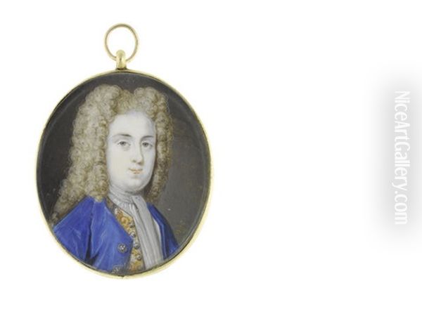 A Gentleman, Wearing Blue Coat, Gold Embroidered Waistcoat, White Chemise And Tied Cravat, His Wig Powdered Oil Painting by Bernard Lens III