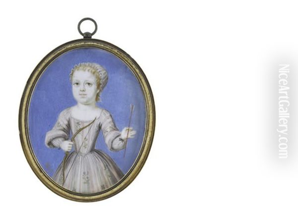 John Whitmore (1720-1791), Aged 2, Holding His Bow And Arrow, Wearing White Cap, Pink And White Striped Dress With Green Floral Embroidery, The White Cuffs Of His Chemise Drawn With Black Ribbon Oil Painting by Bernard Lens III