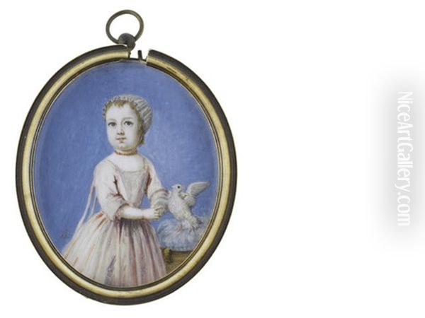 Charles Whitmore (1718-1770), Aged 1, Holding A Dove Upon A Blue Cushion With Gold Tassels, Wearing Pink Dress, Coral Beaded Necklace And White Cap Oil Painting by Bernard Lens III