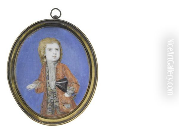 William Whitmore (1714-1771), Aged 4, Wearing Embroidered Umber Coat And Grey Waistcoat, White Chemise, Stock And Lace Cravat, The Hilt Of His Dagger At His Left Oil Painting by Bernard Lens III