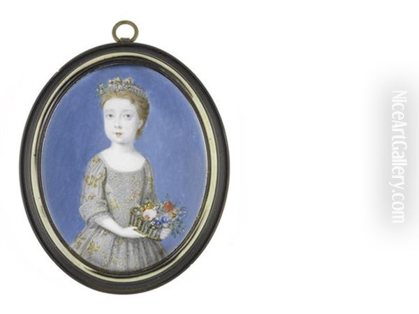 Ann Whitmore (1713-1719) On Her Fifth Birthday, Holding A Basket Of Flowers And Wearing Grey Dress Embellished With Gold Embroidery, Her Hair Upswept Beneath A Small Cap Dressed With A Floral Posy Oil Painting by Bernard Lens III