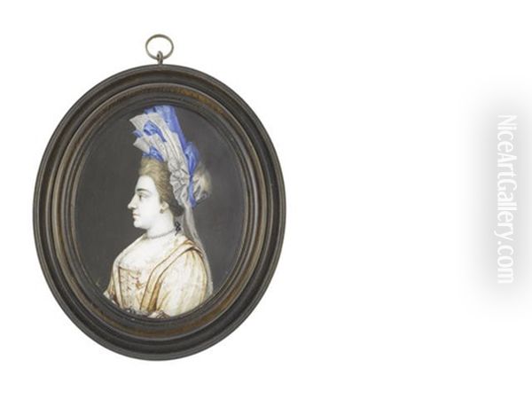 A Lady Called, Catherine Wood, In Profile To The Left, Wearing Embroidered Gold Dress With Crimson Detail To The Bodice Over White Lace Slip, Jewels To Her Sleeves And Waistband Oil Painting by Bernard Lens III