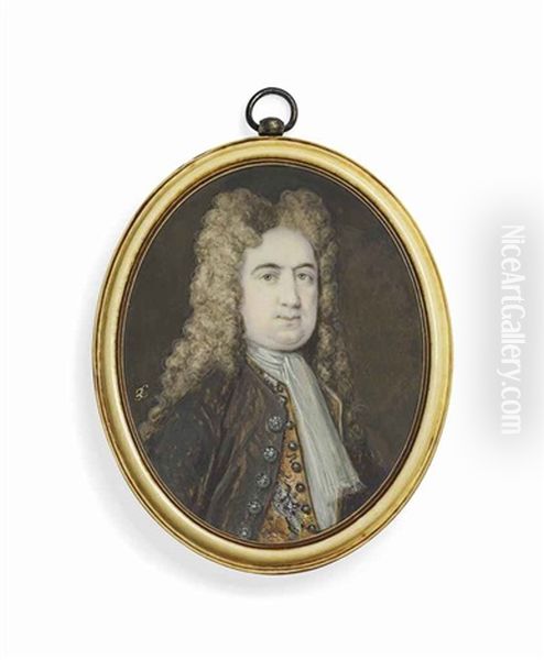 Mr Newton, In Green Coat, Yellow Embroidered Waistcoat, White Lace Cravat, Long Curling Full-bottomed Brown Wig Oil Painting by Bernard Lens III