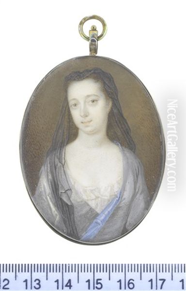 A Lady, Wearing Grey Robe With Blue Lining Over Her White Chemise, Her Dark Hair Upswept, Supporting A Sheer Black Veil Falling Before Her Right Shoulder Oil Painting by Bernard Lens III