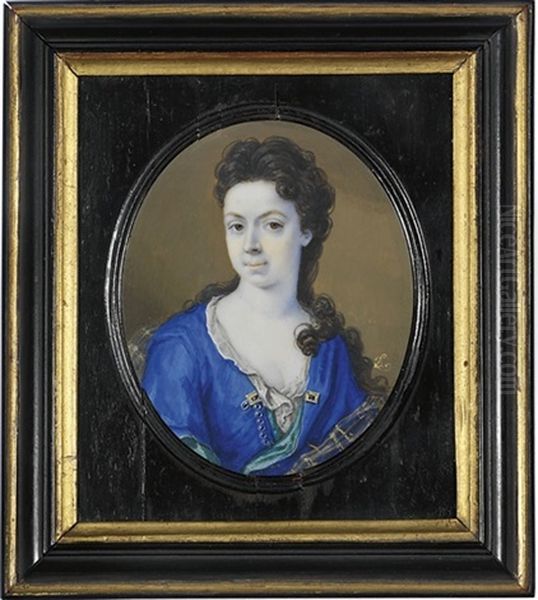 A Young Lady In Royal Blue Satin Open Gown With Celadon Green Lining Oil Painting by Bernard Lens III
