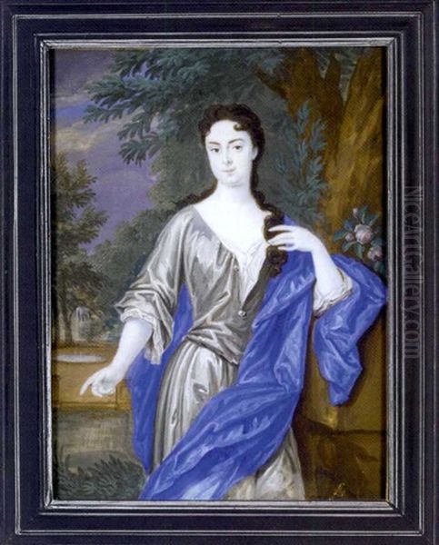 Lady Mary Bertie, Standing With Her Left Elbow Leaning On A Stone Plinth, In Grey Silk Day Dress With White Underdress, Blue Silk Cloak Draped Over Her Left Shoulder ... Oil Painting by Bernard Lens III