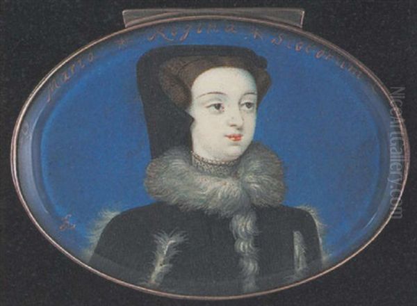 An Unknown Lady (mary Queen Of Scots?), Wearing Black Dress With White Fur Edging To The Neck And Sleeves, Pearl Set Grey Choker And Black Cap Oil Painting by Bernard Lens III