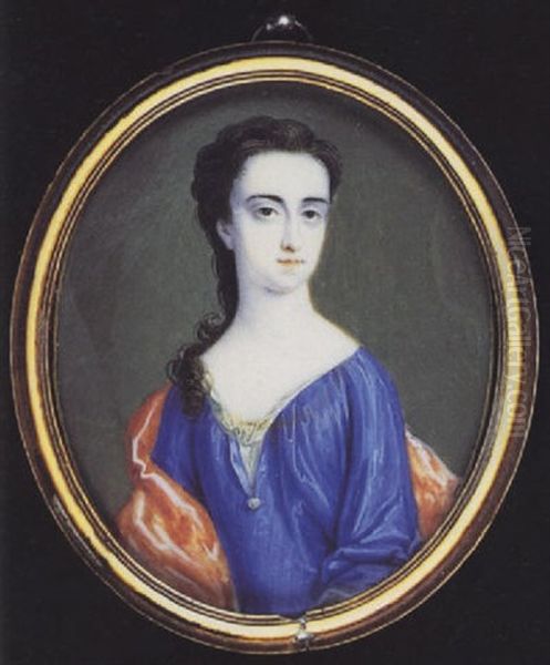 A Noblewoman Wearing Blue Robes With White Underdress, A Pearl At Her Corsage And A Red Cloak Over Her Shoulders... Oil Painting by Bernard Lens III