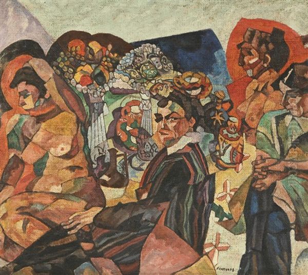 Avtoportret S Naturschitsami (self-portrait With Artist's Models) Oil Painting by Aristarkh Vasilievic Lentulov