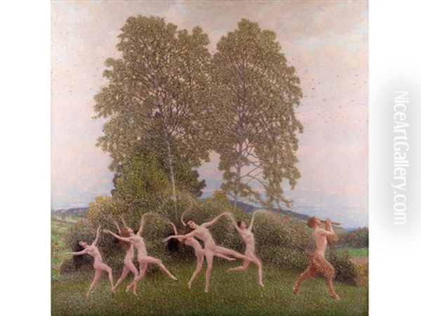 Der Reigen - Tanzende Madchen Mit Einem Flote Blasenden Faun Oil Painting by Maximilian, Max Lenz