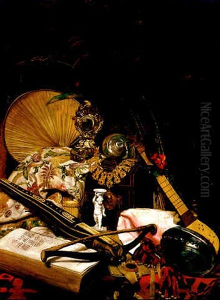 Stilleben Mit Armbrust, Aufgeschlagenem Foliant, Pergamenturkunde, Muschel Und Saiteninstrument Oil Painting by Maximilian, Max Lenz