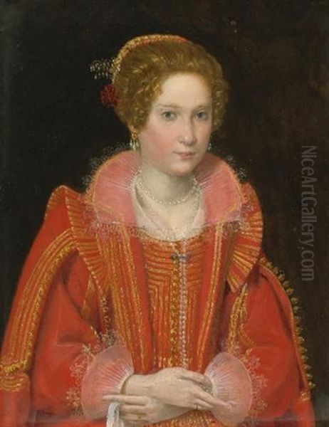 Portrait Of A Lady, Half-length, Dressed In Pink Oil Painting by Ottavio Leoni