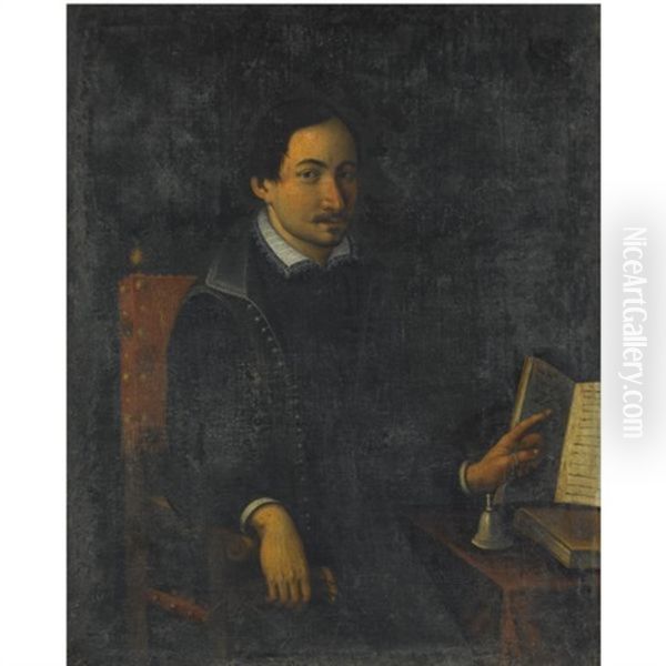 Portrait Of A Seated Man, Three Quarter Length, Wearing A Black Doublet Oil Painting by Ottavio Leoni