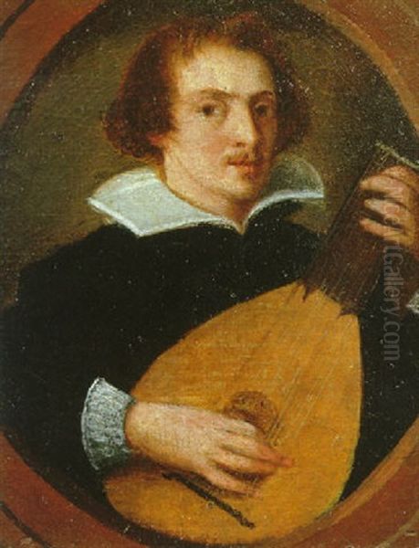 Portrait Of A Musician Playing A Lute In A Painted Oval Oil Painting by Ottavio Leoni