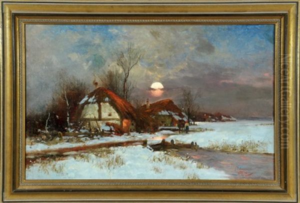Norddeutsches Dorf In Winterlandschaft Bei Abendstimmung Oil Painting by Carl Leopold