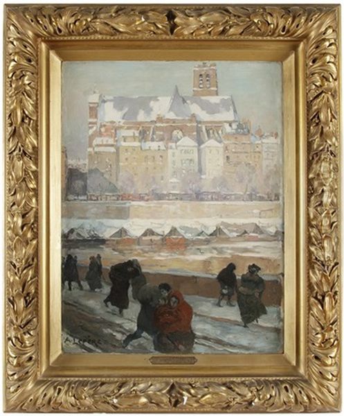 Paris, L'eglise Saint-gervais-saint-protais Et La Seine En Hiver Oil Painting by Auguste Lepere