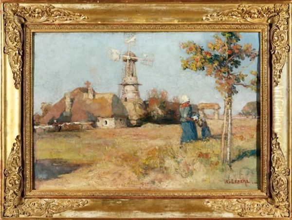 Personnages Aupres D'un Moulin Oil Painting by Auguste Lepere